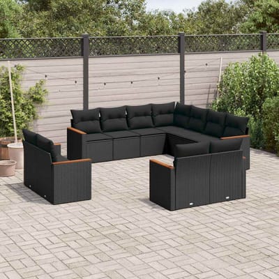 vidaXL - 11-delige - Loungeset - met - kussens - poly - rattan - zwart