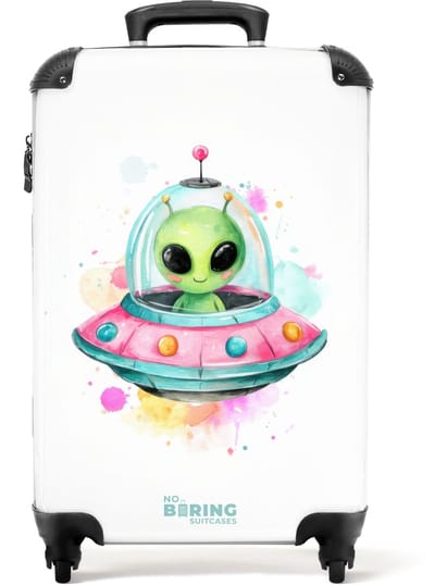 NoBoringSuitcases.com - Koffer - Alien in een kleurrijke ufo - Past binnen 55x40x20 cm en 55x35x25 cm - Trolley handbagage - Valiezen met wieltjes volwassenen - Reiskoffer op wielen - Rolkoffer lichtgewicht