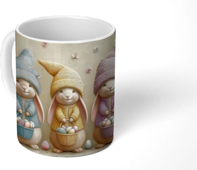 Mok - Koffiemok - Konijntjes - Pastelkleuren - Eieren - Bloemen - Mokken - 350 ML - Beker - Koffiemokken - Theemok