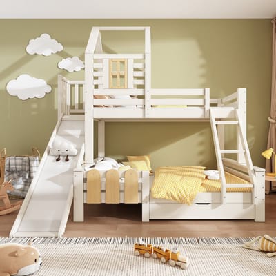 VVBV Stapelbed 90x200 cm - Lades, Lattenbodem, Opbergtrap, Glijbaan, EN747, Massief Hout, Metaalframe, Wit, Zonder Matras