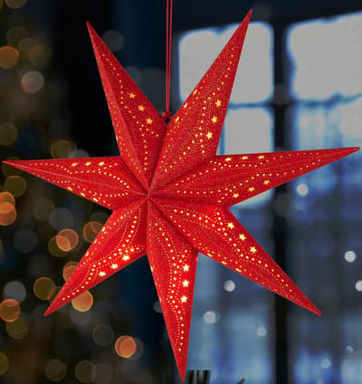 BRUBAKER 3D Hangende Kerstster - Raampapier Ster met E14 Voet - 60 cm Advent Ster met Decopatroon - Kerst Lichtster Set met 3,5 m Kabel - Ophangen - Rood
