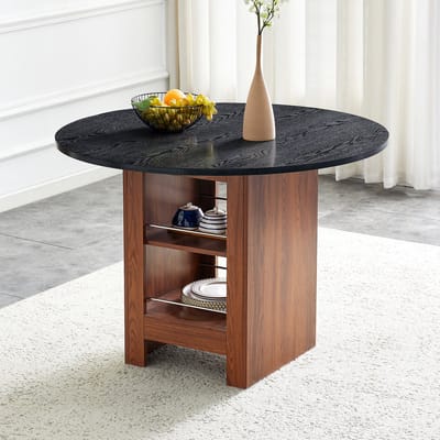 Wishdor - Ronde Eettafel Met Open Opbergvakken - Modern Industrieel - Voor Eetkamer Of Open Keuken - MDF - Walnootkleur En Zwart - Ø100 x 76 cm