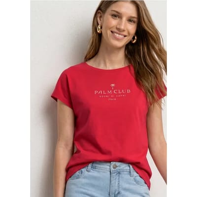Shirt met hangende schouder en tekst