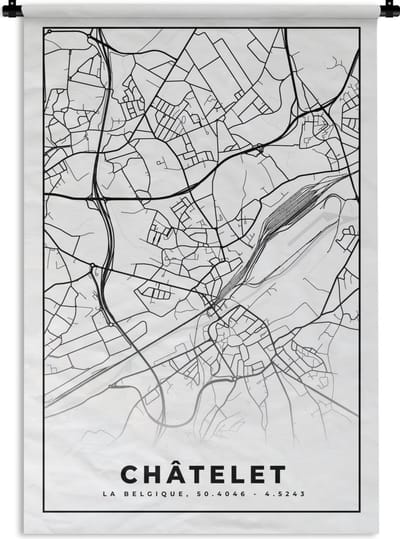 Wandkleed - Wanddoek - Zwart Wit – België – Plattegrond – Stadskaart – Kaart – Châtelet - 120x180 cm - Wandtapijt