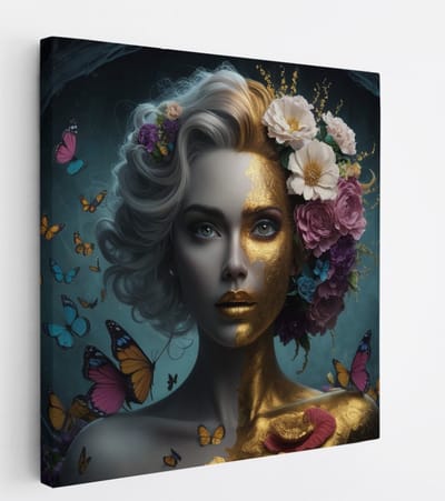 Saammp Canvas Schilderij - Vrouw met goud en bloemen - abstract - Goud - 20x20 - Foto op canvas - Wanddecoratie - Muurdecoratie Woonkamer - Slaapkamer decoratie - Canvas Print