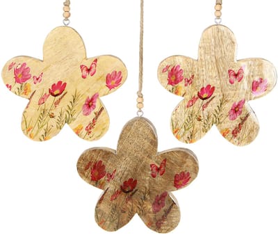 Decoratieve hangende houten bloemen lente natuurlijk roze 16cm 3st, 3