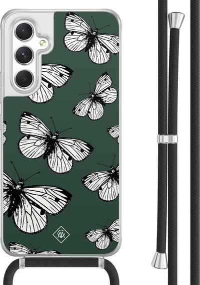 Casimoda® hoesje met koord - Geschikt voor Samsung A54 - Vlinders - Afneembaar koord - TPU/acryl - Groen