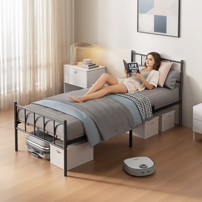 KUTAS Metalen Bedframe 90x200 cm - Verticale Stijlen Design - Hoge Opbergruimte 32 cm - Extra Stevig 360 kg Draagkracht - Anti-Slip Rubbervoeten - Eenpersoonsbed - Zonder Matras