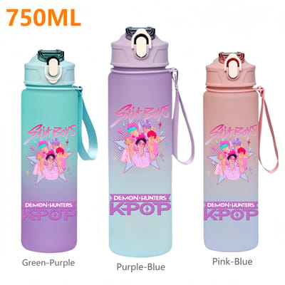 750ML KPop Demon Hunters Cartoon Print Waterbeker met Rietje Hoge Kwaliteit Drinkflessen Reismok Kantoor School Kinderen Cadeaus Purple-Blue-1PCS