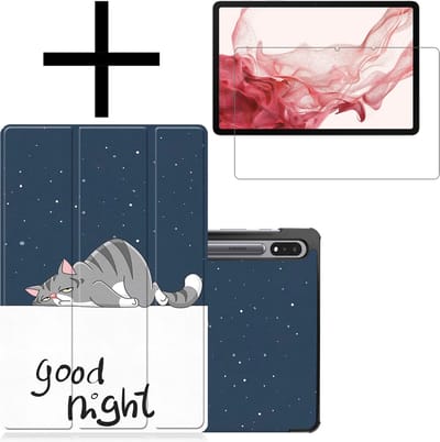 Hoes - Geschikt voor Samsung Galaxy Tab S8 - Met Screenprotector - Trifold Bookcase - Hard Cover - Hardcover Book Case - Tablet Hoesje - Kat