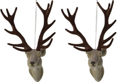 Decoris Kersthanger - 2x - rendier/hert - 13 cm - kunststof - ornament - kerstversiering - kerstboomversiering - kerstversiering
