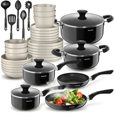 tectake® Kookgerei Set - Complete Set voor 6 Personen - 39-delige Keukengerei Set met Servies en Pannen - Pannenset met Koekenpan - Serviesset - Magnetron- en Vaatwasserbestendig - Keukenset Perfect voor Starters - Zwart/Taupe