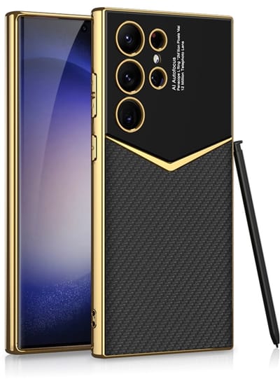 Voor Samsung Galaxy S24 Ultra 5G GKK Plating Zachte TPU + Lederen Volledige Dekking Telefoonhoesje zonder Pen (Koolstofvezel)