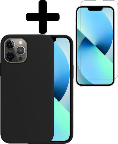 Hoesje - Met Screenprotector - Geschikt voor Apple iPhone 14 Pro - Sterk & Shockproof - Telefoon Hoes - Back Cover - Siliconen Case - Telefoonhoes - Zwart