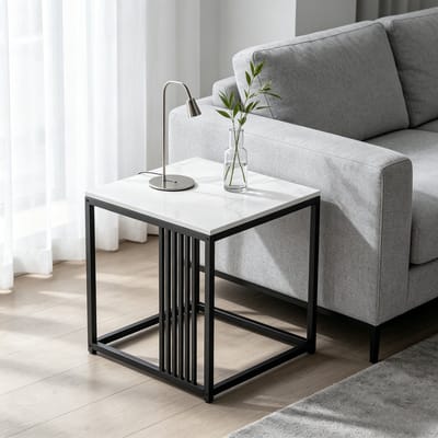 FATIVO Bijzettafel - Vierkant Nachtkastje - Marmerlook Wit - Zwart Metaal Frame - 40x40x45 cm