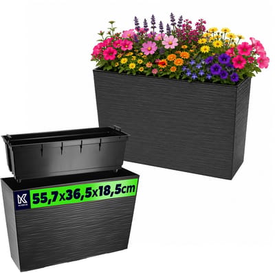 KADAX Bloembak van kunststof, 18,5 x 55,7 cm, 5 kleuren, bloempot met irrigatiebanden, balkonbak met inzetstuk, plantenbak voor buiten, bloembak (rechthoekig, ruitpatroon, grafiet)