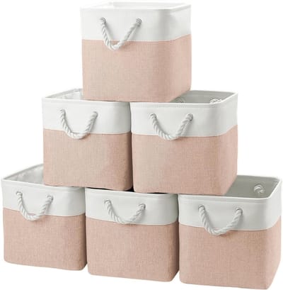 Set van 6 Opbergdozen van Canvas, 33 cm Cube Bins met Katoenen Handvat voor Kleding en Speelgoed Organisatie (Roze/Wit)