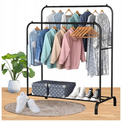 Kledingrek Schoenen Dubbele Kapstok Metaal Loft Zwart Met Plank 145Cm