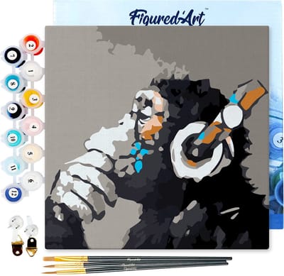 Figured'Art Mini Schilderen op Nummer Volwassenen 20x20cm met lijst Koptelefoon aap - Klein Formaat Creatieve Hobby Kit DIY Art Nummer Compleet