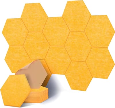12 stuks zeshoekige zelfklevende akoestische platen van polyester - geluidsisolatie - 30 x 26 x 1 cm - viltachtige geluidsabsorberende tegels voor wand plafond deur studio