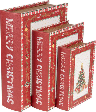 Clayre & Eef Opbergdoos Set van 3 Boeken 27x22x7 / 22x17x6 / 17x12x4 cm Rood MDF Kerstboom