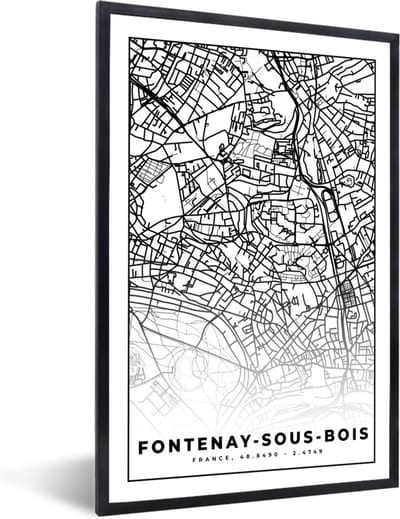 Fotolijst incl. Poster Zwart Wit- Frankrijk - Plattegrond - Fontenay-sous-Bois - Stadskaart - Kaart - Zwart wit - 40x60 cm - Posterlijst