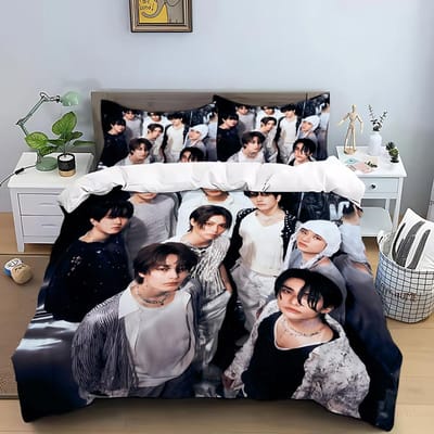 KPOP Dekbedovertrek Kussensloop S-Stray-K-Kids Beddengoed Set Volwassene Jongen Meisje Slaapkamer Decoratie Kindercadeau Enkel Dubbel Grote Maat EU Single(135*200cm)3pcs