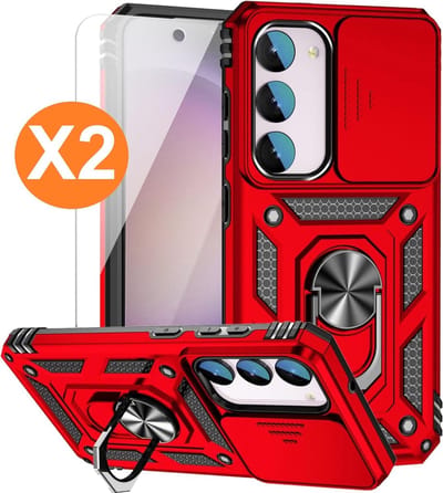 Hoesje Geschikt Voor Samsung Galaxy S23 FE hoesje Rood met Ring Houder en camera bescherming - Met Screenprotector - 2 stuks