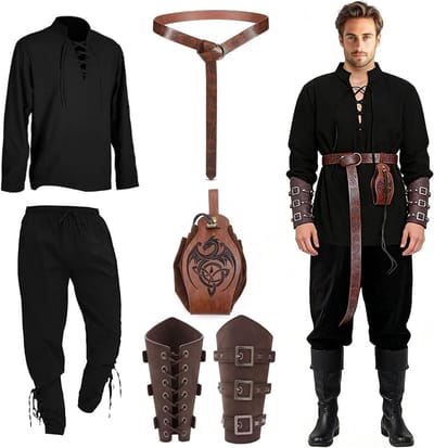 Compleet middeleeuws kostuum voor mannen, inclusief shirt, broek, riem en accessoires voor carnaval, cosplay, Halloween en festivals