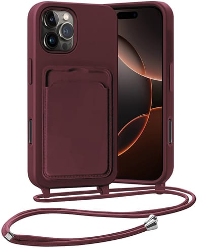 Hoesje Geschikt voor iPhone 16 Pro Hoesje Met Telefoonketting Pasjeshouder Case Koord - Hoesje Geschikt voor iPhone 16 Pro Hoes Met Kaarthouder - Aubergine