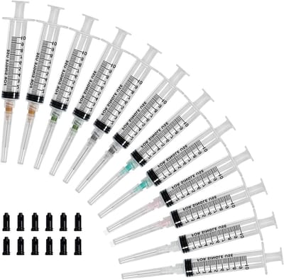 Herbruikbare Blunt Needle Luer Lock Spuit met 12 Plastic Schroefdop Naalden, 10ml Spuit voor Nauwkeurige Dosering en Precisie Toepassingen