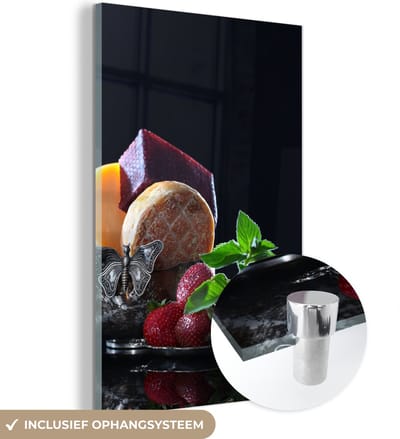 MuchoWow® Glasschilderij 120x180 cm - Schilderij acrylglas - Rustiek - Fruit - Kaas - Tafel - Stilleven - Foto op glas - Schilderijen