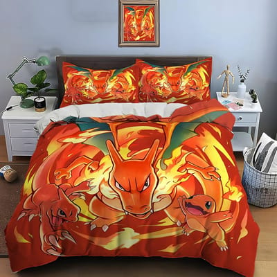 10 Maten Pokémon Charizard Print Beddengoed Set 3 Stuks Set Bed King Size Kussensloop Volwassen Bedovertrek Slaapkamer Bedset voor Cadeaus EU King 240X220cm