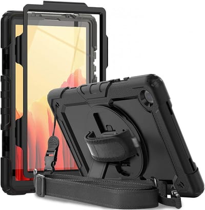 Hoes met ingebouwde Screenprotector | Inclusief Handriem en Schouderriem | Zwart | Extreme bescherming | Ideaal voor zakelijk gebruik | Geschikt voor Samsung Galaxy Tab A7 (2022 / 2020)