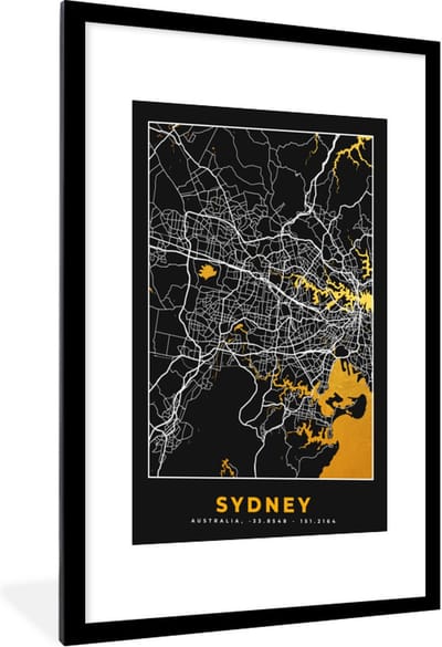 Fotolijst incl. Poster - Sydney - Stadskaart - Plattegrond - Goud - Kaart - 60x90 cm - Posterlijst
