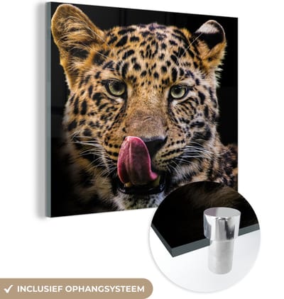 MuchoWow® Glasschilderij 50x50 cm - Schilderij acrylglas - Luipaard - Zwart - Close up - Foto op glas - Schilderijen