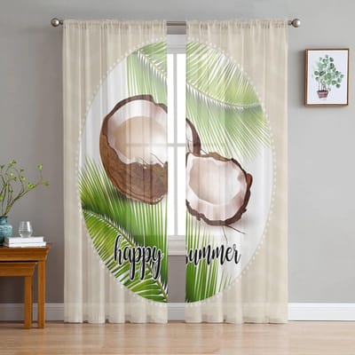 Strepen Kokosbladeren Zomer Huis Tule Gordijnen voor Slaapkamer Woonkamer Bedrukte Doorzichtige Gordijnen voor Balkon Zomer Huis Decor 135W x 114H(cm) white