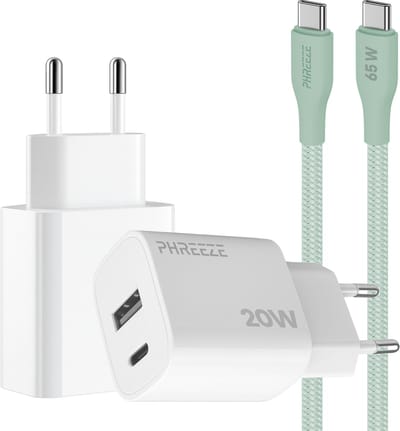 Phreeze usb C adapter 20 W groen met usb C naar usb C kabel 1 meter - Snellader voor smartphone en tablet - Met 2 poorten