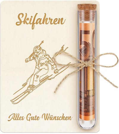 Dailygoods- Cadeauverpakking Creatief Geldgeschenk - Houten Skiërkaart - Geschenkdoos - Reisfonds - Verjaardag - Decoratief Design - Geldcadeau