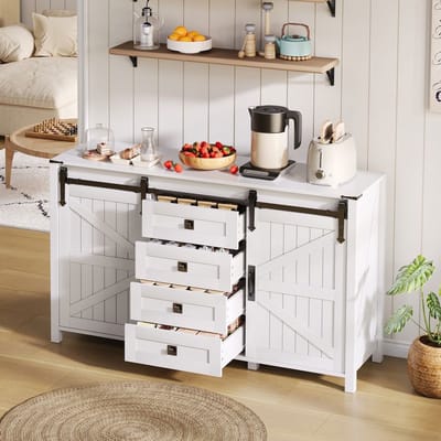 BLACKCOLORS Buffetkast met opbergruimte, 137 cm breed bijzettafel met schuifdeuren en 4 lades, vintage buffetkast, geschikt voor de keuken, eetkamer en woonkamer, wit.