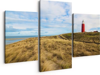 Artaza Canvas Schilderij Drieluik Vuurtoren met Duinen in Texel - 150x120 - Groot - Foto Op Canvas - Canvas Print