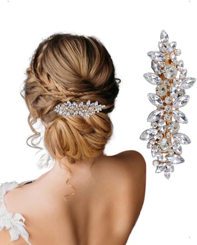 Dailygoods - Haarspeld met strass, Zilveren bruidshaaraccessoire, Schitterende kristallen haarspeld, Fantasie bloemenhaarspeld voor bruiloft, bruid en bruidsmeisjes met lang haar, Goud