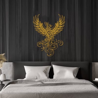 Metalen Wanddecoratie Phoenix – 3D Wandkunst – Goud – 140 x 76 cm