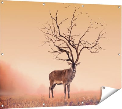 Gards Tuinposter Hert met een Bomen Gewei - 120x90 cm - Tuindoek - Tuindecoratie - Wanddecoratie buiten - Tuinschilderij