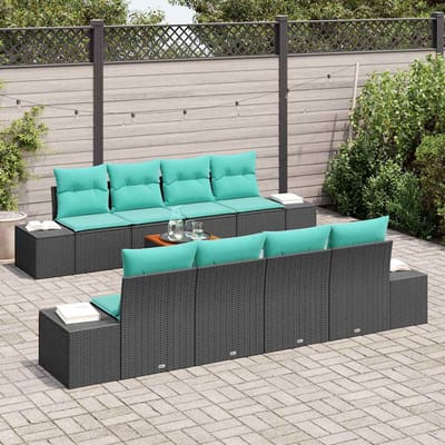 vidaXL - Tuinbank - Set - 9 - st - Zwart - en - Turkoois - poly - rattan
