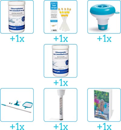 Zwembad Onderhoudspakket - Onderhoud Zwembad - bevat Chloor - Testrips - Chloordrijver - Chloor - Schoonmaakset - Thermometer en Zwembadgids (7-delig)