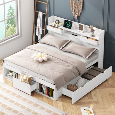 MEUNIQ tweepersoons bed 140x190 cm met USB-poort, Type-C, lades en opbergkast, inclusief lattenbodem, zonder matras, wit