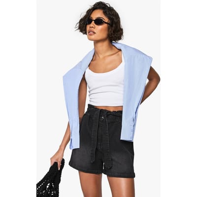 boohoo Dames Denimshort met hoge paperbag taille | Washed Black | Maat: 38