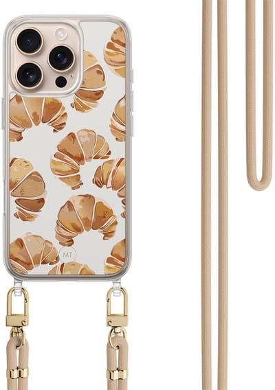 Hoesje met koord geschikt voor iPhone 16 Pro Max - Croissant - Inclusief zwart koord - Crossbody beschermhoes - Transparant, Bruin - Mooie Telefoonhoesjes