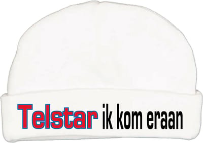 Babymutsje met de tekst: Telstar ik kom eraan !